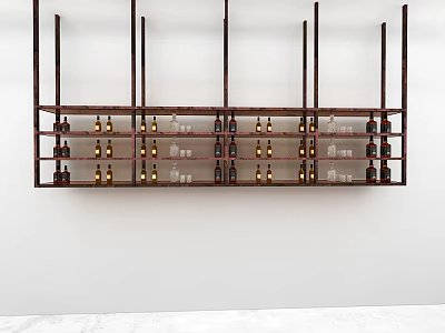 Wall Mounted Wooden Wine Cabinet With Multi Tiered Shelves Holding Wine Bottles and Glasses 3d model
