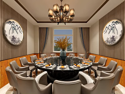 Elegant Chinese Private Dining Room With Round Table Chairs Circular Landscape Paintings And Flower Arrangement 3d model