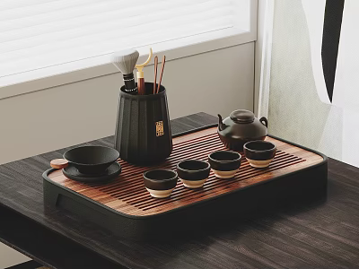 Traditional Tea Set With Black Teapot Small Teacups And Wooden Tray On Table 3d model