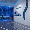 Futuristic Tech Exhibition Hall With Circular Platform Blue Lighting And Interactive Displays