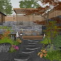 Traditional Garden Courtyard With Stepping Stones Red Maple Tree Stone Lanterns Green Plants And Flowers