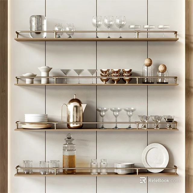 Stylish Dinnerware Set Display on Modern Kitchen Shelves with Plates Cups and Glasses 3d model 