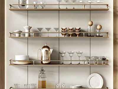 Stylish Dinnerware Set Display on Modern Kitchen Shelves with Plates Cups and Glasses 3d model