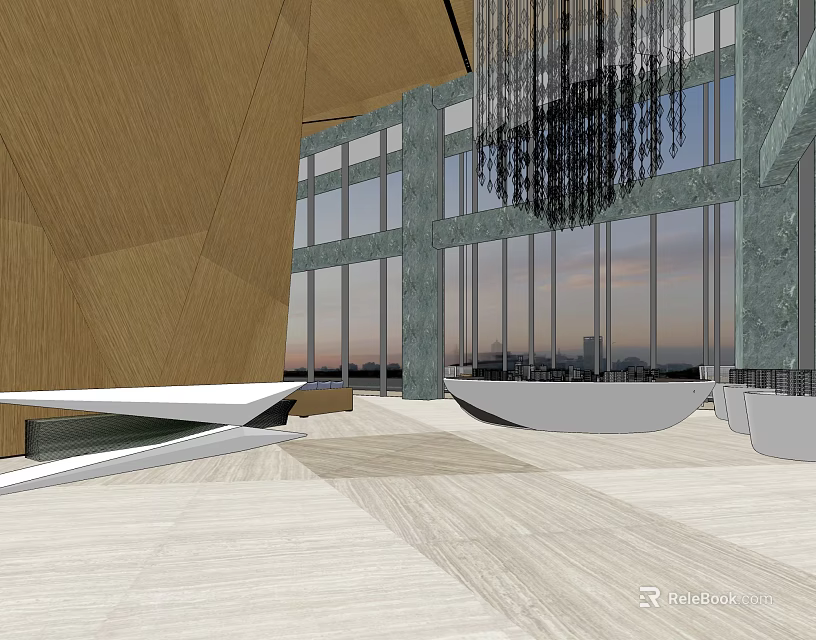 Modern Sales Office Interior With Large Windows Pendant Lighting And Spacious Layout 3d model