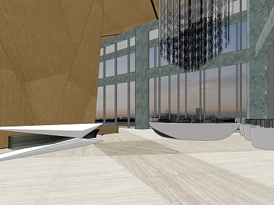 Modern Sales Office Interior With Large Windows Pendant Lighting And Spacious Layout 3d model