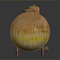 Rusty Cylindrical Oil Tank and Small Metal Container on Reflective Surface 3d model