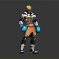 Game And Movie Character With Golden Hair Colorful Armored Outfit Blue Gloves And Orange Shorts