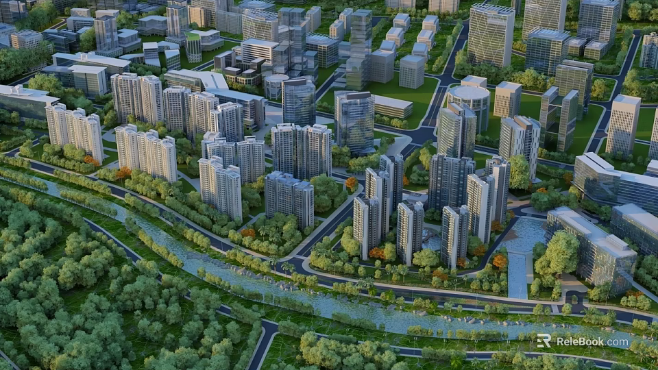 Aerial Urban Planning View with High Rise Buildings Roads River and Greenery 3d model 