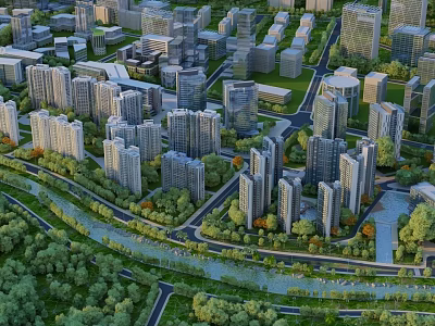 Aerial Urban Planning View with High Rise Buildings Roads River and Greenery 3d model