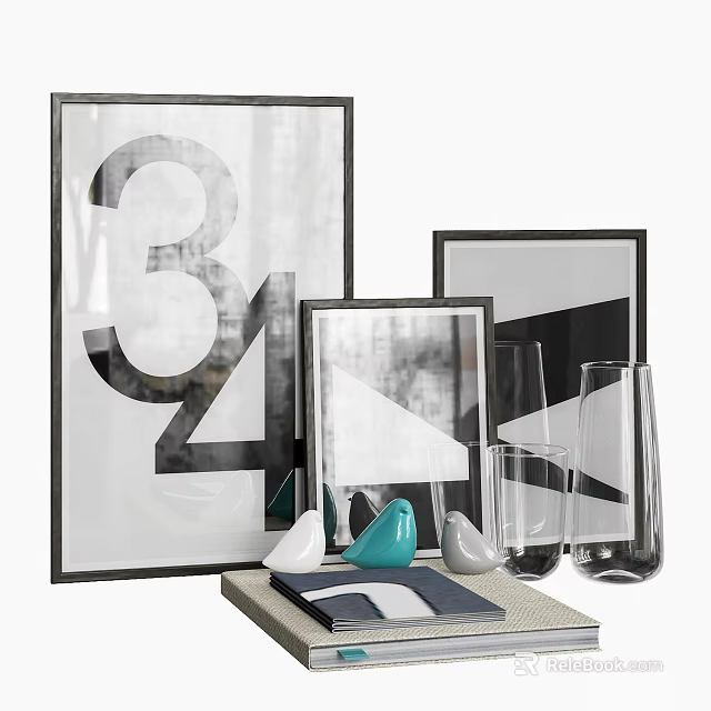 Framed Abstract Paintings Featuring Numerical Elements Geometric Designs With Transparent Glassware And Colorful Decor Pieces 3d model 