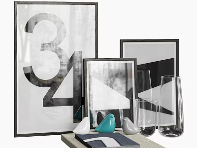 Framed Abstract Paintings Featuring Numerical Elements Geometric Designs With Transparent Glassware And Colorful Decor Pieces 3d model