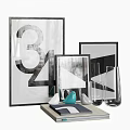 Framed Abstract Paintings Featuring Numerical Elements Geometric Designs With Transparent Glassware And Colorful Decor Pieces