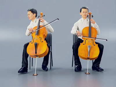 Men Playing Cello Sitting On Chairs In White Shirts And Black Pants Against Gray Background 3d model