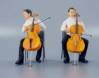 Men Playing Cello Sitting On Chairs In White Shirts And Black Pants Against Gray Background 3d model