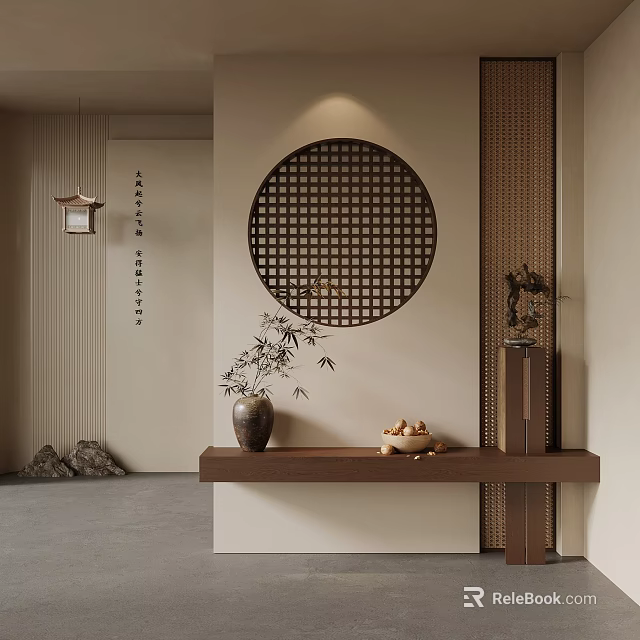 Traditional Chinese Zen Interior With Circular Lattice Window Bamboo Vase And Wooden Table 3d model 