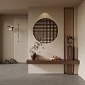 Traditional Chinese Zen Interior With Circular Lattice Window Bamboo Vase And Wooden Table