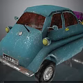 Blue Small Car With Red Roof Textured Body And Black Wheels