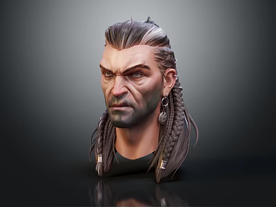 Detailed 3D Game Movie Character Head Model With Braided Hair And Serious Facial Expression 3d model
