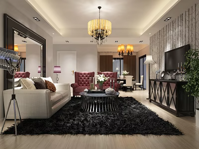 Elegant Modern Living Room Interior With Chandelier Sofa Black Rug And TV 3d model
