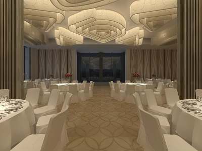 Elegant Ballroom Interior With White Tables Chairs Large Chandeliers And Patterned Floor 3d model
