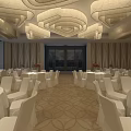 Elegant Ballroom Interior With White Tables Chairs Large Chandeliers And Patterned Floor