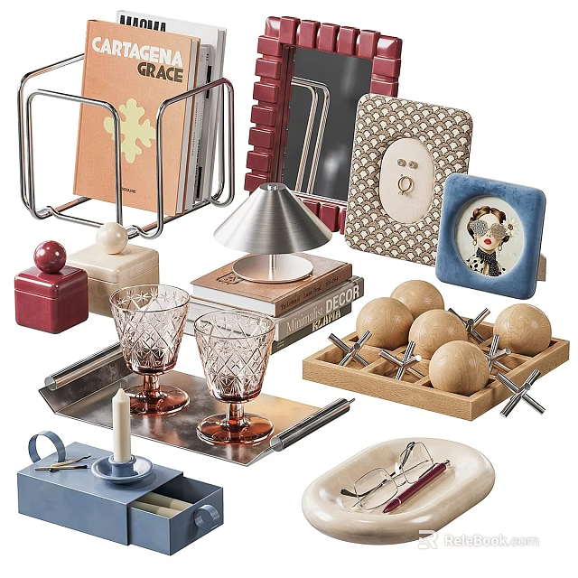 Stylish Decorative Ornament Set With Metal Bookends Wooden Storage Photo Frames Table Lamp Glass Cups 3d model 