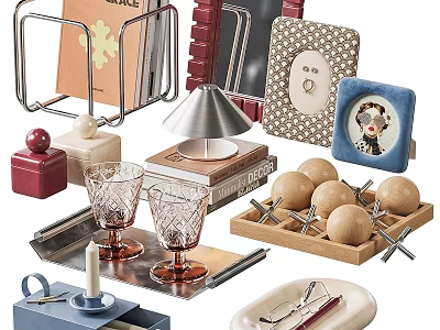 Stylish Decorative Ornament Set With Metal Bookends Wooden Storage Photo Frames Table Lamp Glass Cups 3d model
