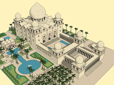 Elegant Ancient Architecture With Traditional Domes Courtyard Pool And Palm Trees 3d model