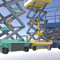 Three Colored Mobile Scissor Lift Platforms With Guardrails And Wheels