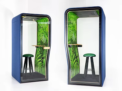 Public Facility Soundproof Blue Pods With Green Plants Stools And Small Tables 3d model