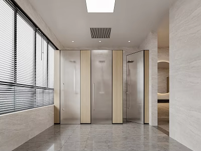 Modern SPA Sauna Interior With Stainless Steel Cabins And Large Windows 3d model