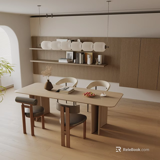 Modern Wooden Dining Table Set with Four Chairs Hanging Shelves Plates Vase and Fruits 3d model 