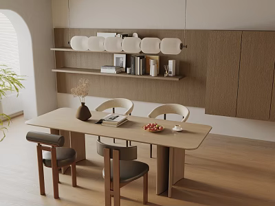 Modern Wooden Dining Table Set with Four Chairs Hanging Shelves Plates Vase and Fruits 3d model