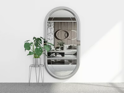 Oval Mirror On White Wall With Metal Stand Green Plant And Reflected Modern Room Interior 3d model