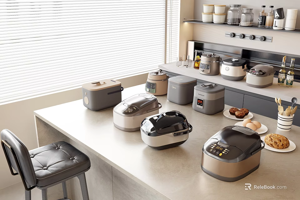 Modern Kitchen Counter Displaying Various Rice Cookers And Kitchen Appliances 3d model 