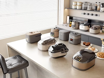 Modern Kitchen Counter Displaying Various Rice Cookers And Kitchen Appliances 3d model