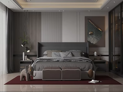 Modern Bedroom Interior Design With Gray Headboard Bed Red Rug Nightstands And Abstract Art 3d model