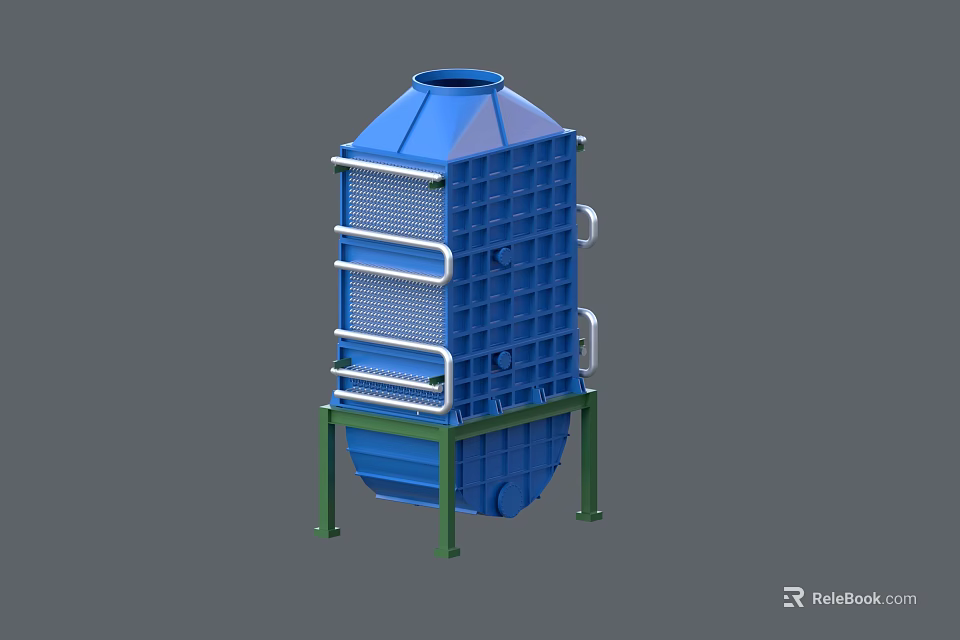Blue Industrial Equipment Tower with Green Support Structure and Ladders 3d model
