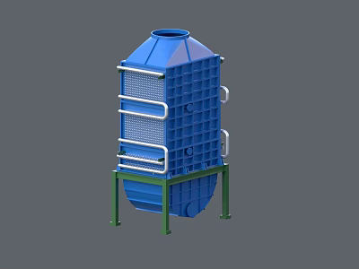 Blue Industrial Equipment Tower with Green Support Structure and Ladders 3d model