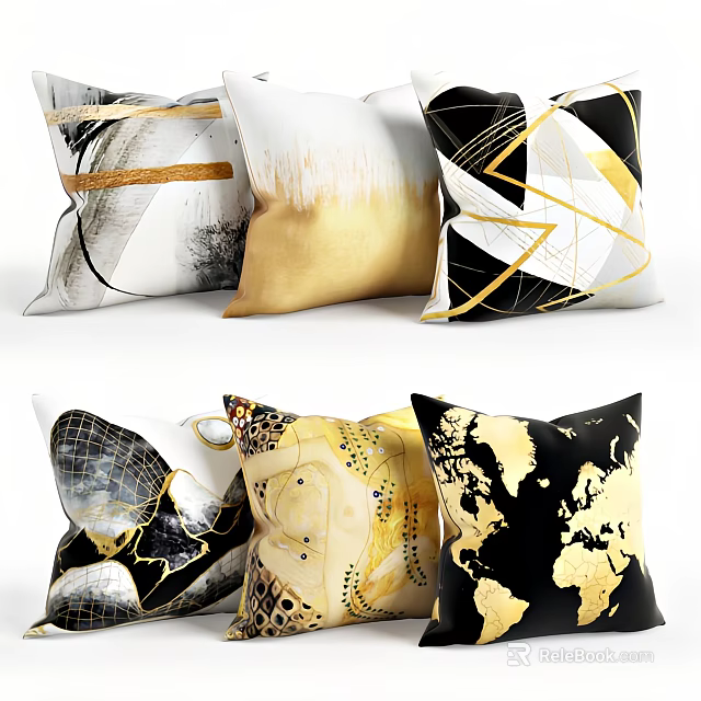 Modern Decorative Throw Pillows With Gold Black White Abstract Geometric Patterns 3d model