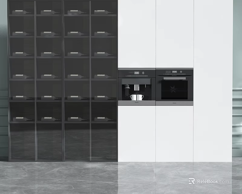 Modern Wine Cabinet Design With Glass Shelves And White Kitchen Interior Cabinets 3d model 