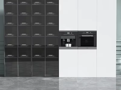 Modern Wine Cabinet Design With Glass Shelves And White Kitchen Interior Cabinets 3d model