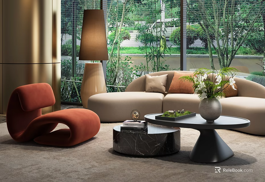 Hotel Public Lounge Area with Comfortable Sofa Modern Chair Marble Coffee Table and Floor Lamp 3d model 