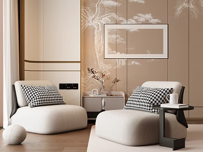 Elegant Beige Leisure Sofa Set with Black White Checkered Cushions Modern Wall Decor Rectangular Mirror 3d model