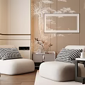 Elegant Beige Leisure Sofa Set with Black White Checkered Cushions Modern Wall Decor Rectangular Mirror