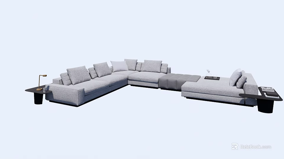 Light Gray Sectional Sofa With Plush Cushions And Side Table Lamp Interior Design 3d model
