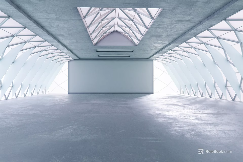 Modern Architectural Interior Space With Geometric Roof And Smooth Gray Floor 3d model 