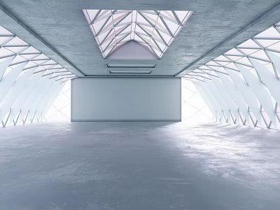 Modern Architectural Interior Space With Geometric Roof And Smooth Gray Floor 3d model