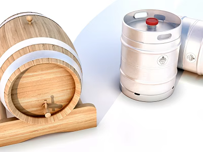 Wooden Barrel With Metal Hoops And Metal Keg With Red Cap On White Background 3d model