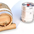 Wooden Barrel With Metal Hoops And Metal Keg With Red Cap On White Background